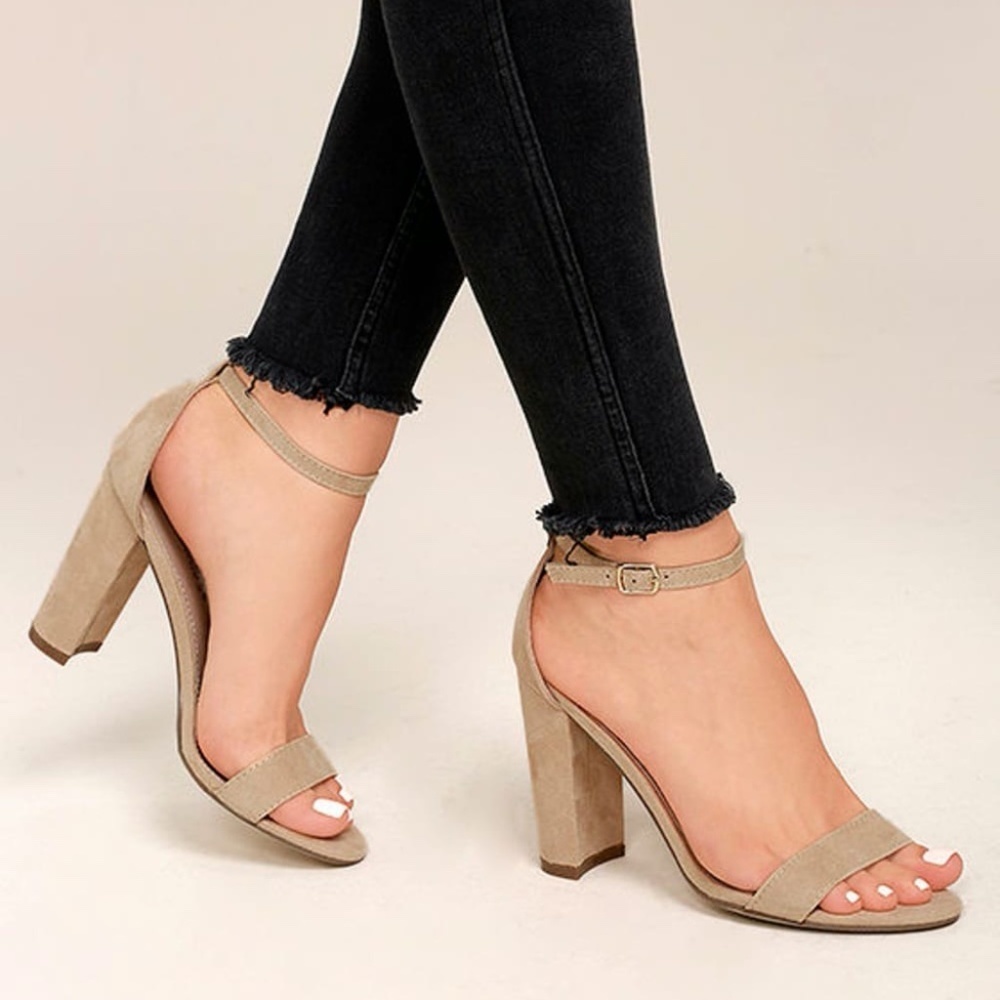 Lulu's Raylen Natural Suede Ankle Strap Block Heels